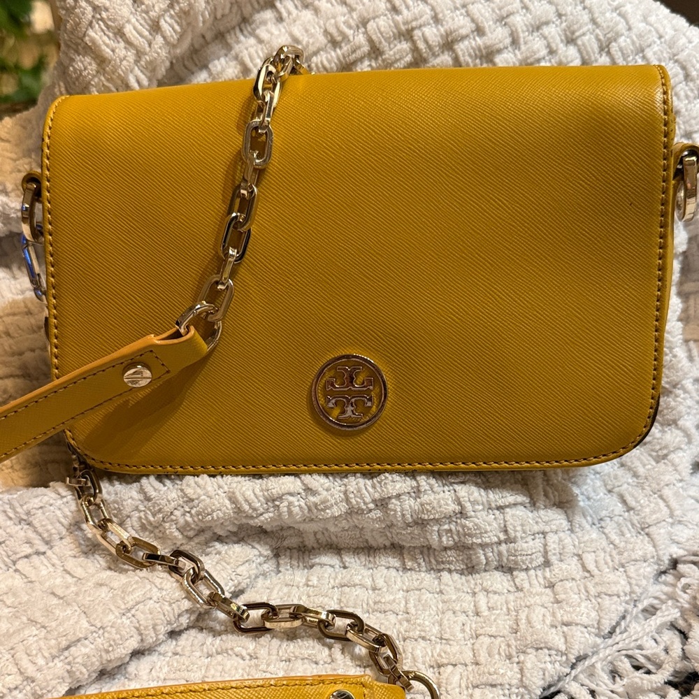 Tory Burch Saffiano Leather Crossbody in Mustard